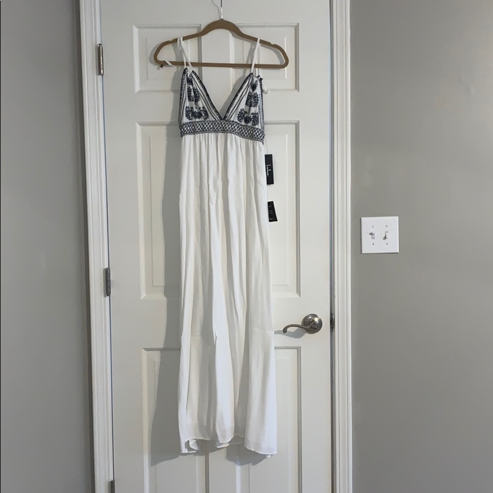 White maxi dress with navy detail